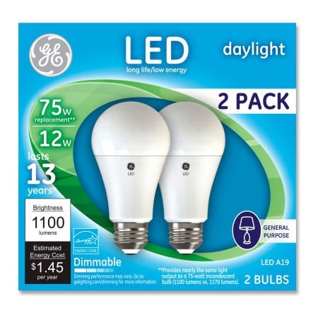 Ge 75W Led Bulbs, 12 W, A19 Bulb, Daylight, 2/Pack 93127670
